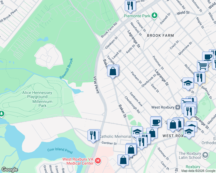 map of restaurants, bars, coffee shops, grocery stores, and more near 20 Durant Street in Boston