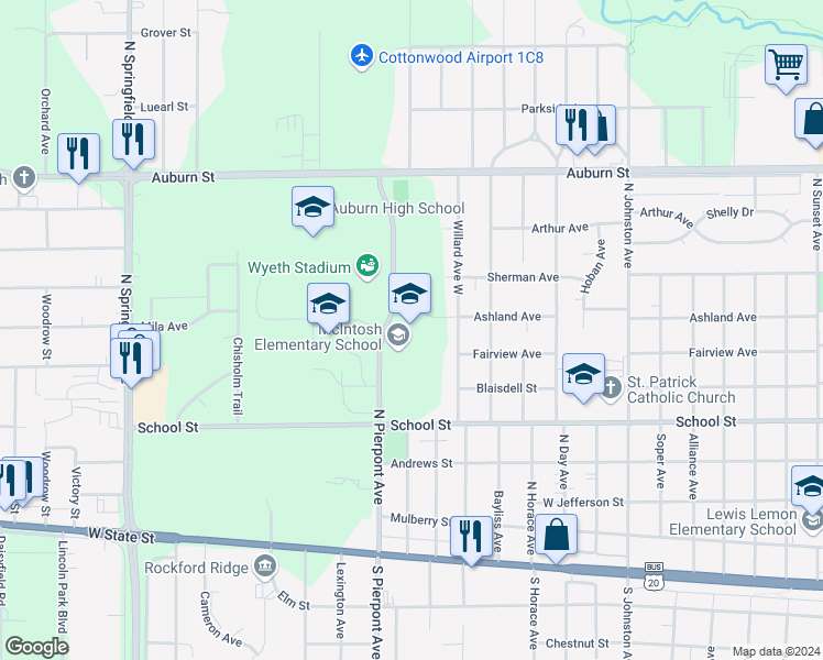map of restaurants, bars, coffee shops, grocery stores, and more near 525 North Pierpont Avenue in Rockford