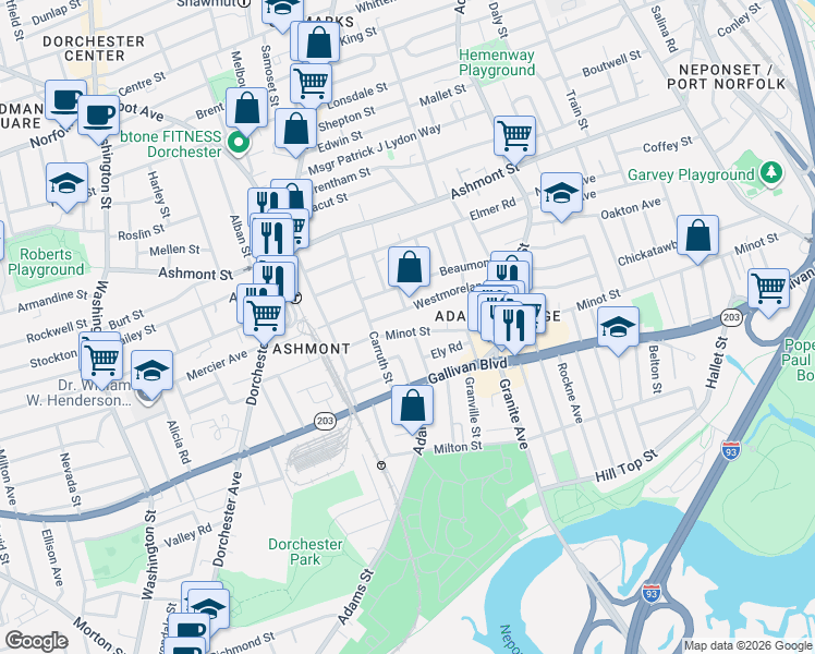 map of restaurants, bars, coffee shops, grocery stores, and more near 287 Minot Street in Boston