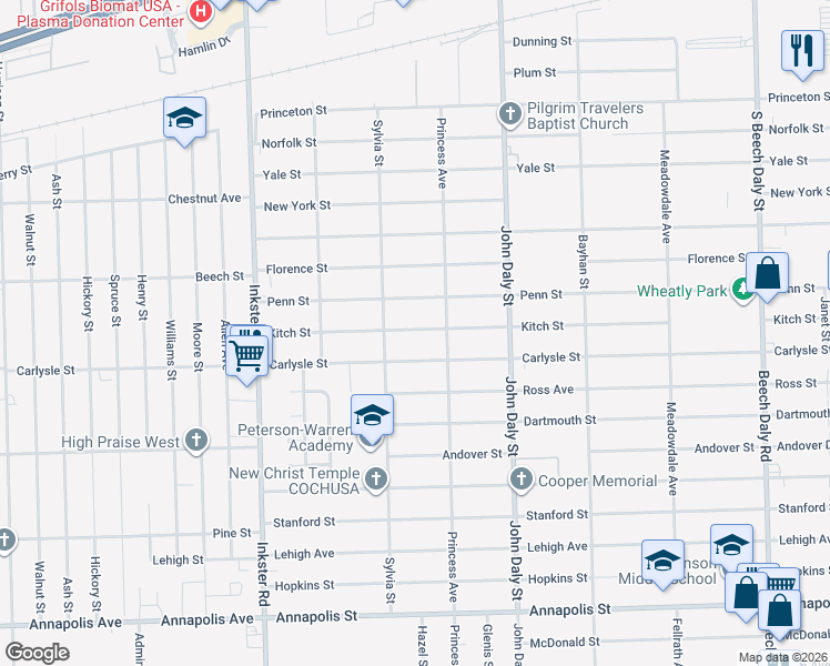 map of restaurants, bars, coffee shops, grocery stores, and more near 26921 Kitch Street in Inkster