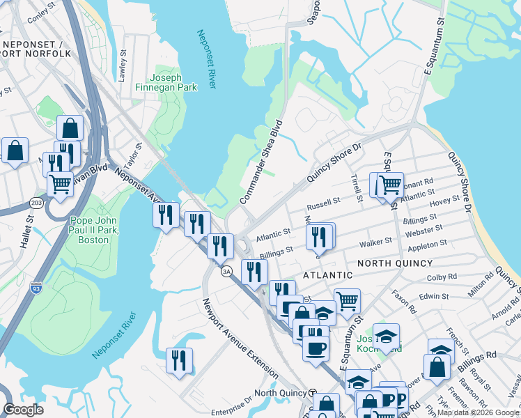 map of restaurants, bars, coffee shops, grocery stores, and more near 90 Quincy Shore Drive in Quincy