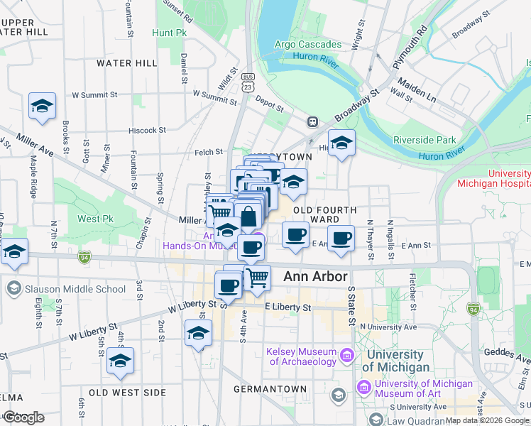 map of restaurants, bars, coffee shops, grocery stores, and more near 303 North 5th Avenue in Ann Arbor