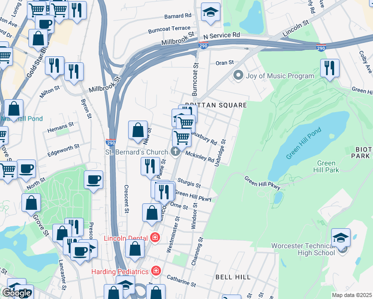 map of restaurants, bars, coffee shops, grocery stores, and more near 3 Mckinley Road in Worcester