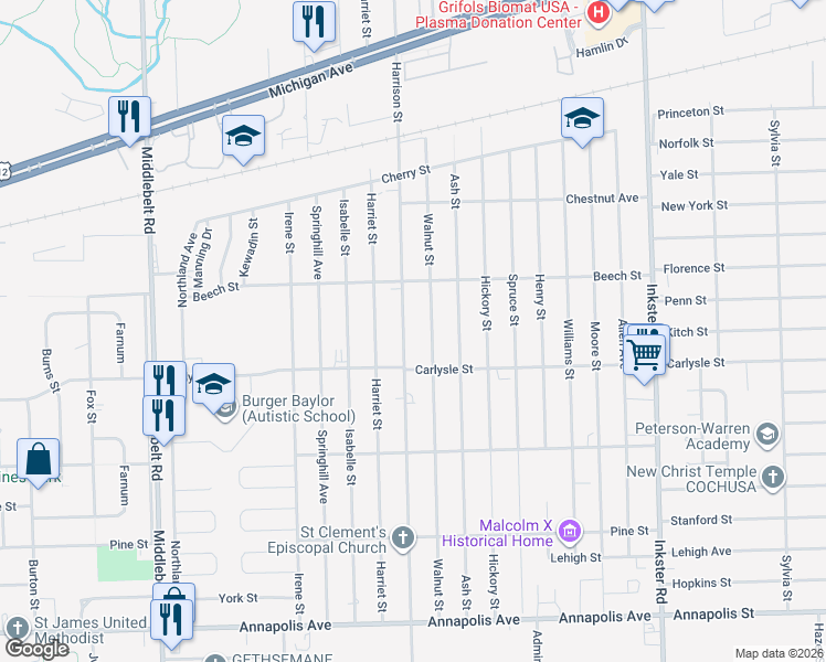 map of restaurants, bars, coffee shops, grocery stores, and more near 3621 Harrison Street in Inkster