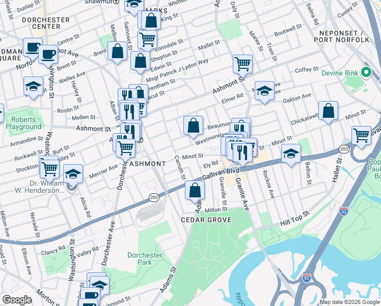 map of restaurants, bars, coffee shops, grocery stores, and more near 287 Minot Street in Boston
