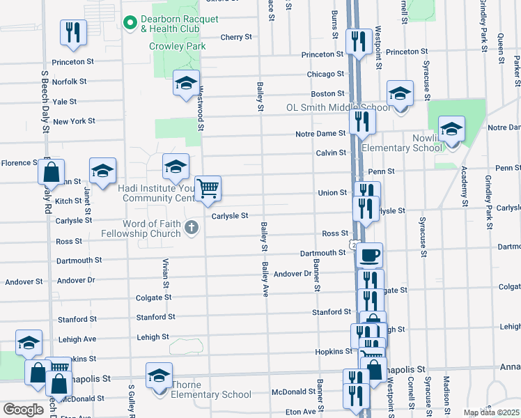 map of restaurants, bars, coffee shops, grocery stores, and more near 24604 Carlysle Street in Dearborn