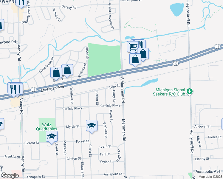 map of restaurants, bars, coffee shops, grocery stores, and more near 3548 Barry Street in Wayne
