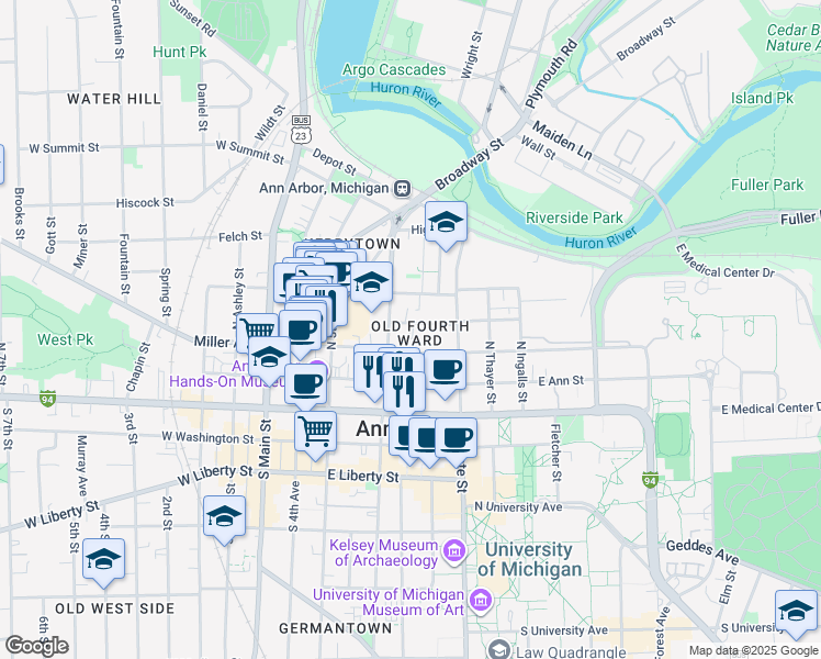 map of restaurants, bars, coffee shops, grocery stores, and more near 418 Lawrence Street in Ann Arbor