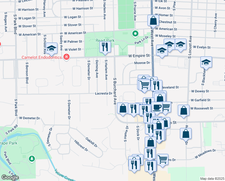 map of restaurants, bars, coffee shops, grocery stores, and more near 1485 South Burchard Avenue in Freeport