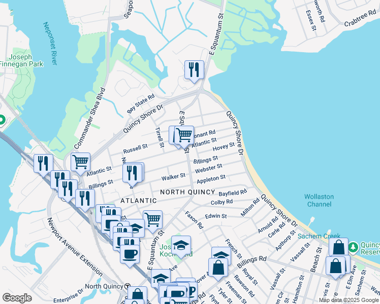 map of restaurants, bars, coffee shops, grocery stores, and more near 239 Atlantic Street in Quincy