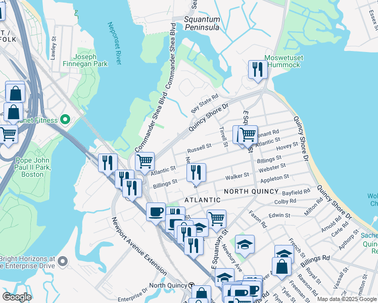 map of restaurants, bars, coffee shops, grocery stores, and more near 25 Russell Street in Quincy