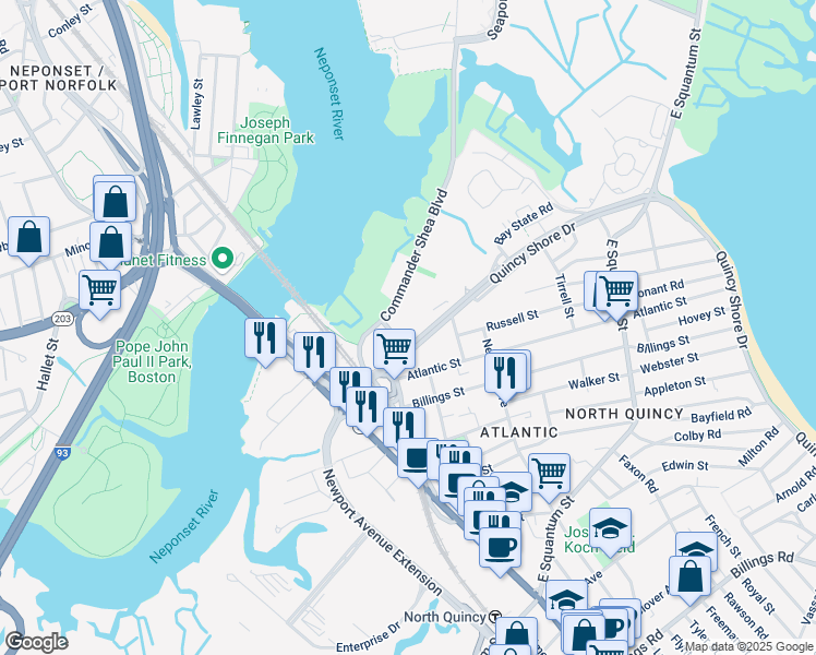 map of restaurants, bars, coffee shops, grocery stores, and more near 93 Quincy Shore Drive in Quincy