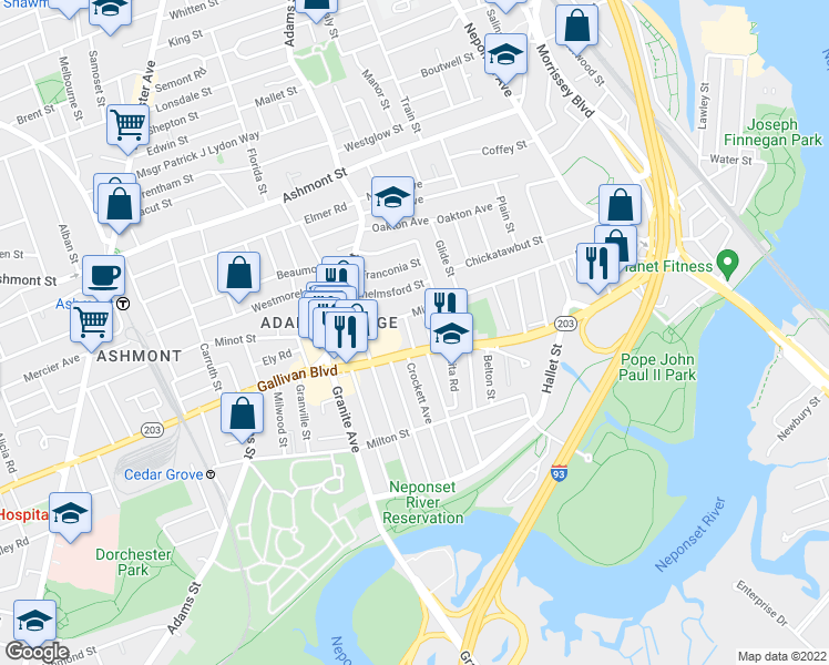 map of restaurants, bars, coffee shops, grocery stores, and more near 596-598 Gallivan Boulevard in Boston