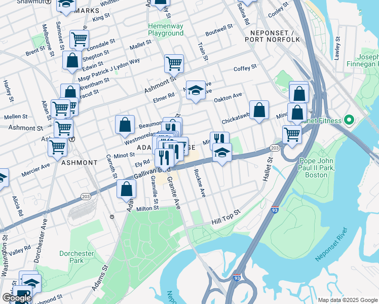map of restaurants, bars, coffee shops, grocery stores, and more near 566 Gallivan Boulevard in Boston