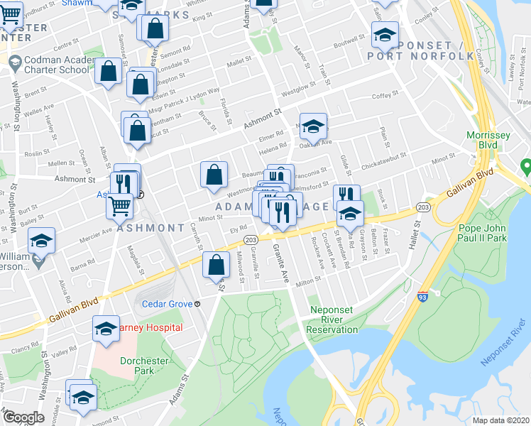 map of restaurants, bars, coffee shops, grocery stores, and more near 230 Minot Street in Boston