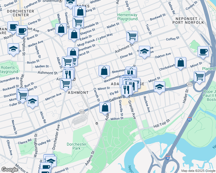 map of restaurants, bars, coffee shops, grocery stores, and more near 260 Minot Street in Boston