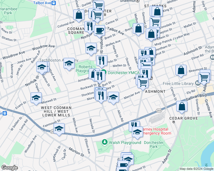 map of restaurants, bars, coffee shops, grocery stores, and more near 18 Bailey Street in Boston
