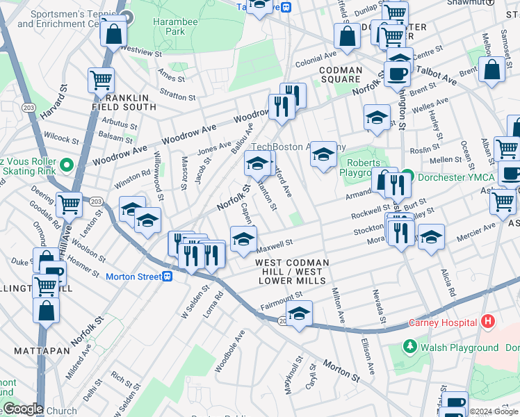 map of restaurants, bars, coffee shops, grocery stores, and more near 12 Capen Street in Boston