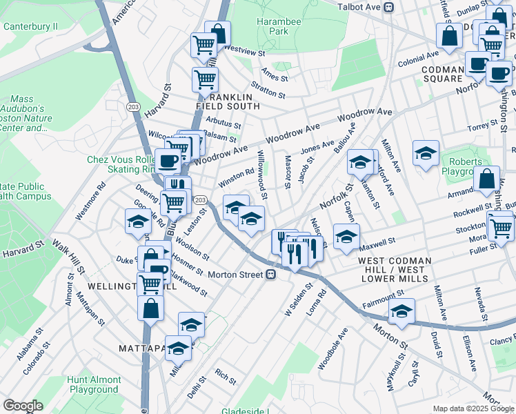 map of restaurants, bars, coffee shops, grocery stores, and more near 21 Middleton Street in Boston