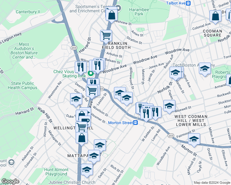 map of restaurants, bars, coffee shops, grocery stores, and more near 37 Wildwood Street in Boston