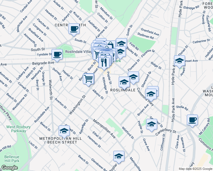 map of restaurants, bars, coffee shops, grocery stores, and more near 133 Poplar Street in Boston