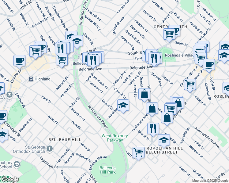 map of restaurants, bars, coffee shops, grocery stores, and more near 100 Aldrich Street in Boston