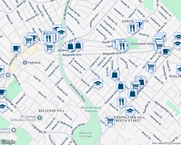 map of restaurants, bars, coffee shops, grocery stores, and more near 100 Aldrich Street in Boston