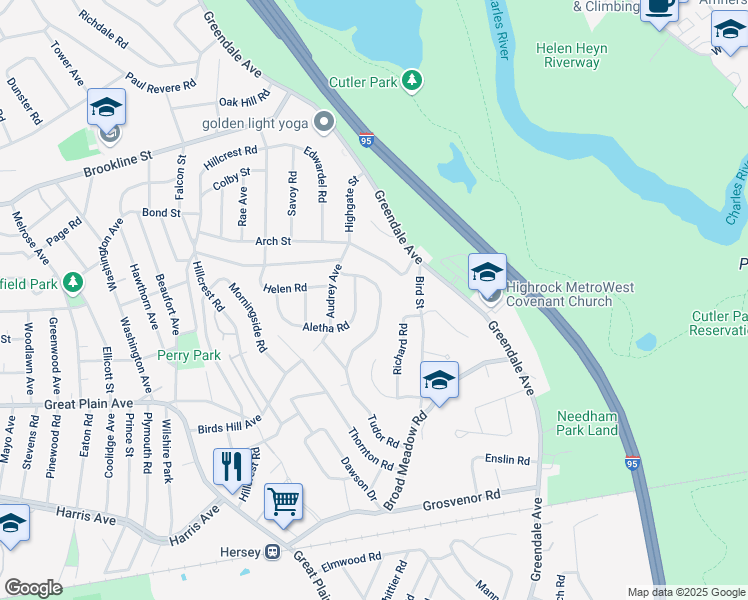 map of restaurants, bars, coffee shops, grocery stores, and more near 170 Tudor Road in Needham