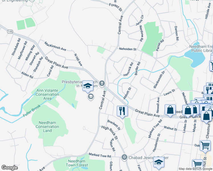 map of restaurants, bars, coffee shops, grocery stores, and more near 1458 Great Plain Avenue in Needham