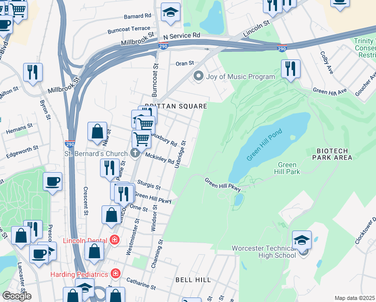map of restaurants, bars, coffee shops, grocery stores, and more near 38 Uxbridge Street in Worcester