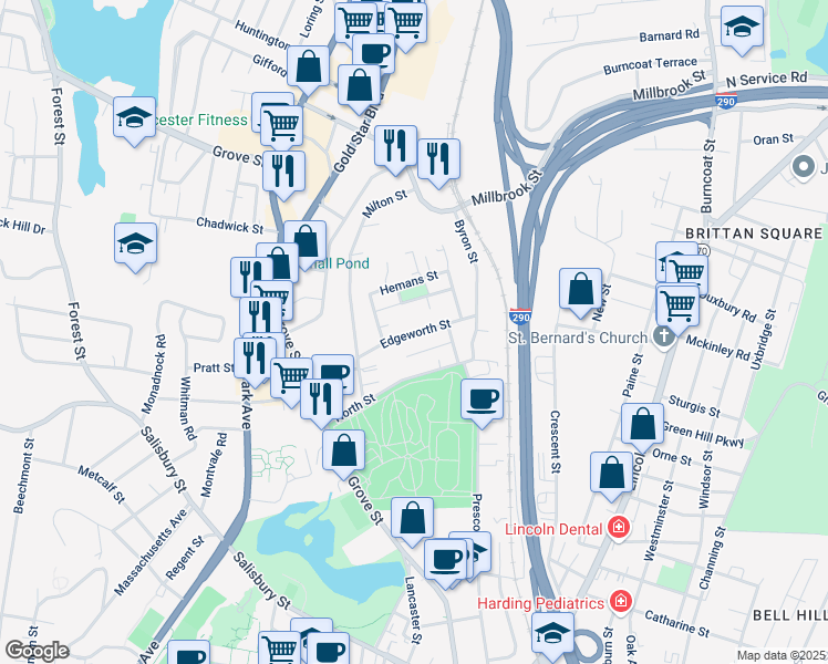 map of restaurants, bars, coffee shops, grocery stores, and more near 35 Edgeworth Street in Worcester