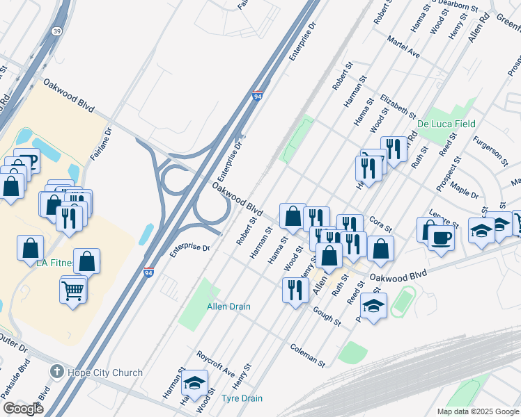 map of restaurants, bars, coffee shops, grocery stores, and more near 4431 Robert Street in Melvindale