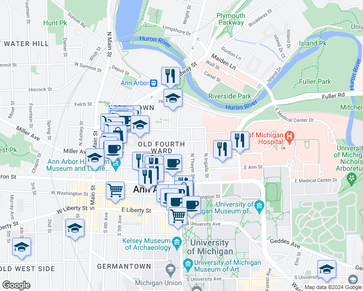 map of restaurants, bars, coffee shops, grocery stores, and more near 314 North State Street in Ann Arbor