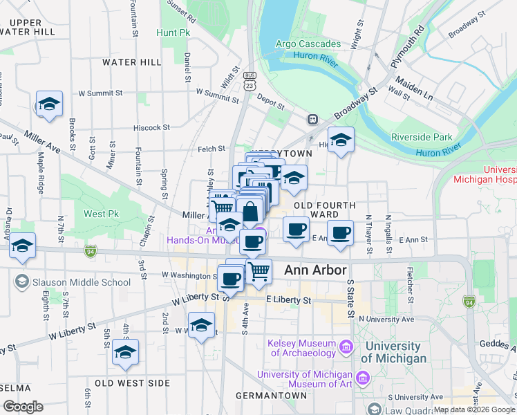 map of restaurants, bars, coffee shops, grocery stores, and more near 303 North 5th Avenue in Ann Arbor