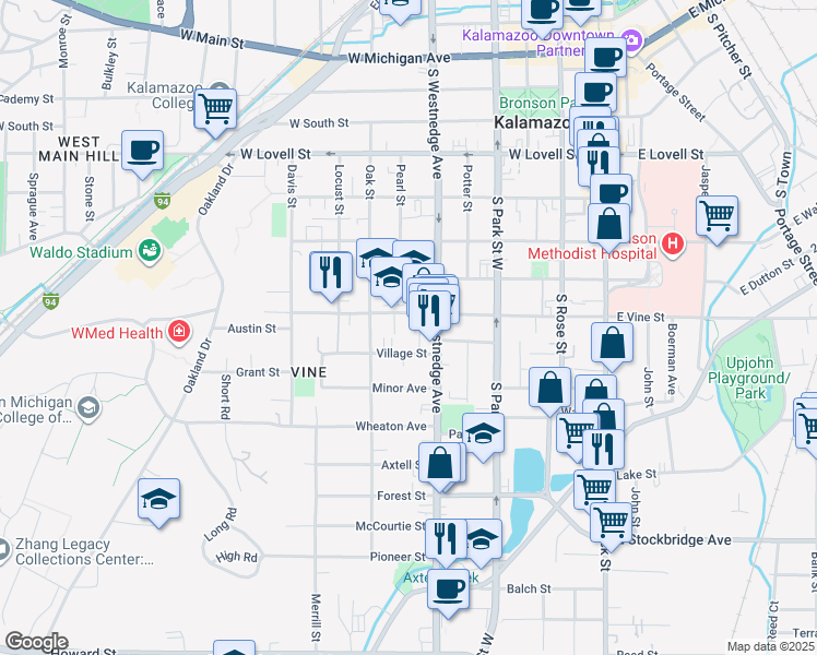map of restaurants, bars, coffee shops, grocery stores, and more near 816 South Westnedge Avenue in Kalamazoo