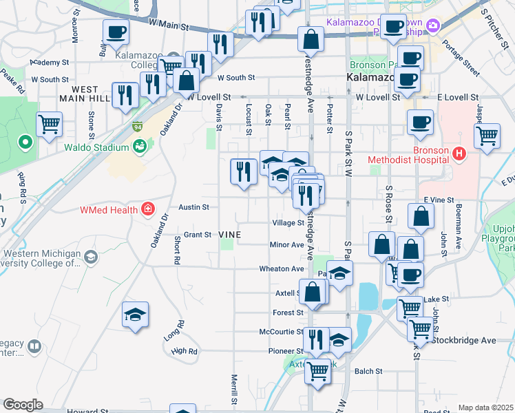 map of restaurants, bars, coffee shops, grocery stores, and more near 817 Locust Place in Kalamazoo