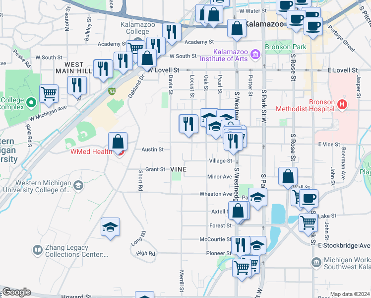 map of restaurants, bars, coffee shops, grocery stores, and more near 822 Village Court in Kalamazoo