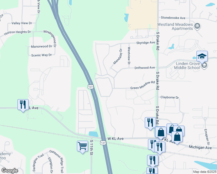 map of restaurants, bars, coffee shops, grocery stores, and more near 690 Dragonfly Road in Kalamazoo