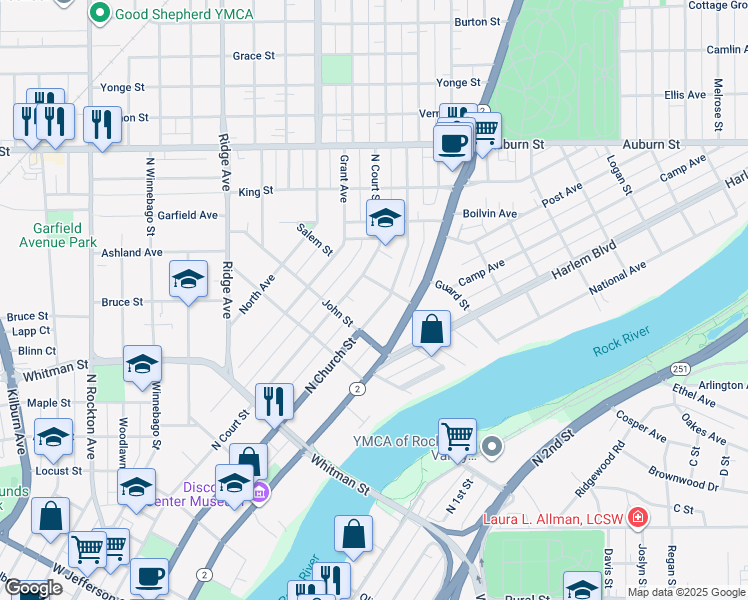 map of restaurants, bars, coffee shops, grocery stores, and more near 415 John Street in Rockford