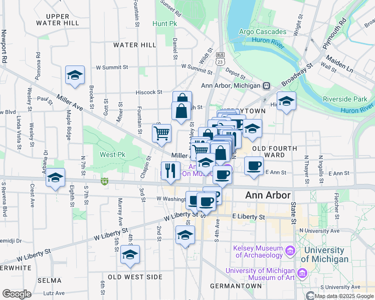 map of restaurants, bars, coffee shops, grocery stores, and more near 309 North Ashley Street in Ann Arbor