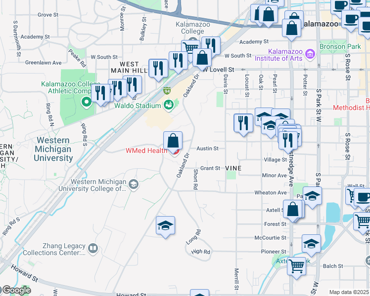 map of restaurants, bars, coffee shops, grocery stores, and more near 814 Oakland Drive in Kalamazoo