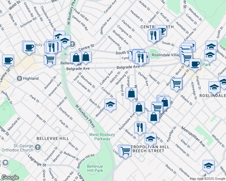 map of restaurants, bars, coffee shops, grocery stores, and more near 92 Newburg Street in Boston