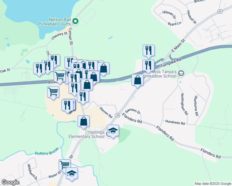 map of restaurants, bars, coffee shops, grocery stores, and more near 110 Turnpike Road in Westborough
