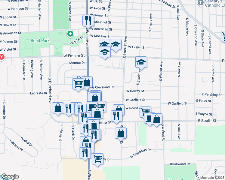map of restaurants, bars, coffee shops, grocery stores, and more near 633 West Cleveland Street in Freeport