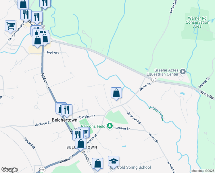 map of restaurants, bars, coffee shops, grocery stores, and more near 8 Eastview Drive in Belchertown