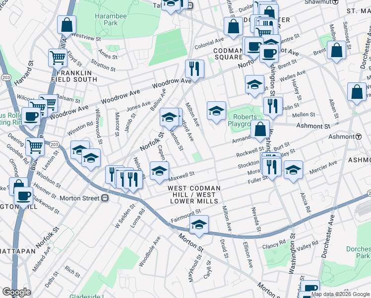 map of restaurants, bars, coffee shops, grocery stores, and more near 65 Stanton Street in Boston