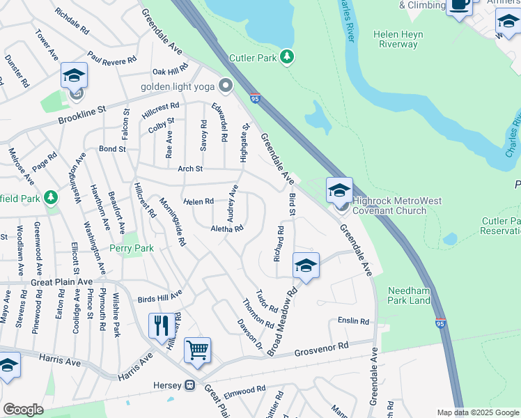 map of restaurants, bars, coffee shops, grocery stores, and more near 170 Tudor Road in Needham