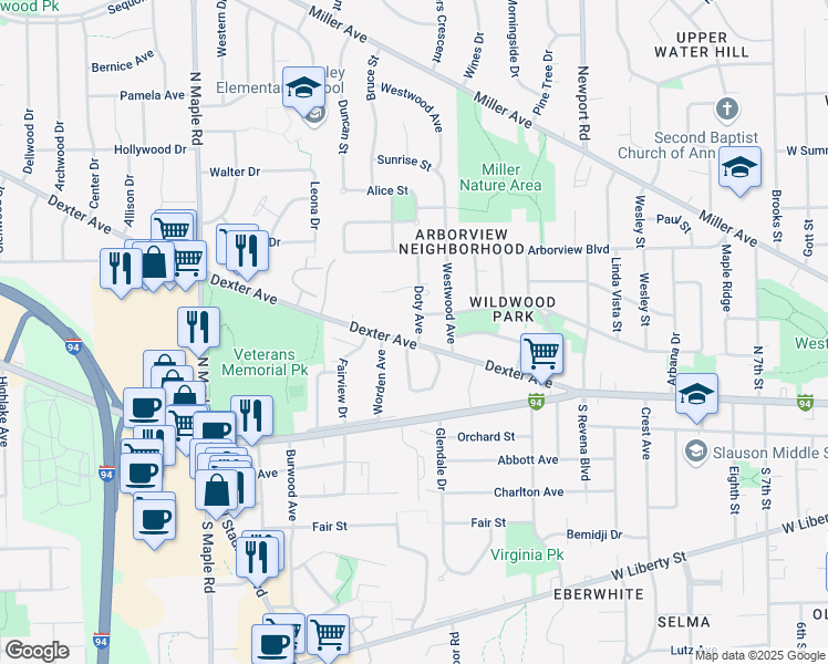 map of restaurants, bars, coffee shops, grocery stores, and more near 2002 Dexter Avenue in Ann Arbor