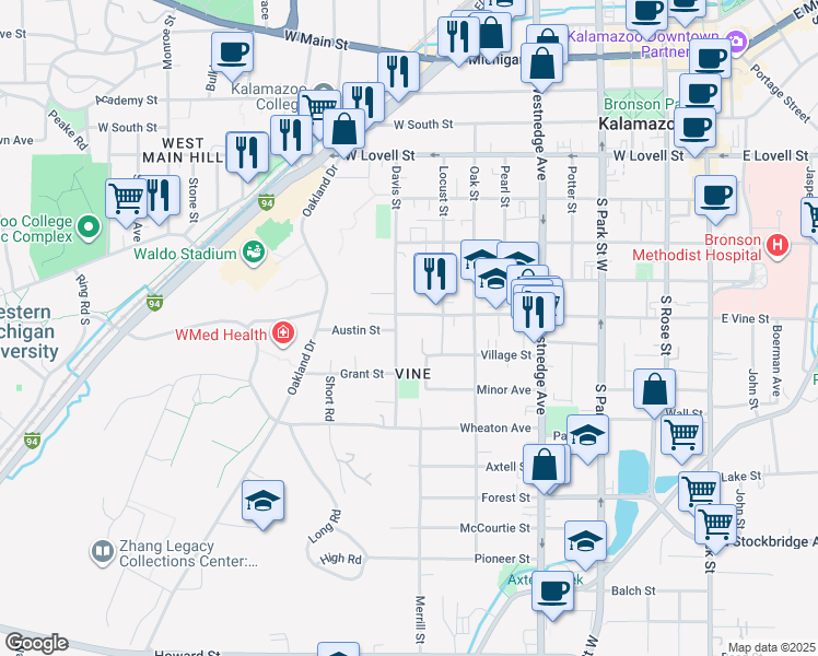 map of restaurants, bars, coffee shops, grocery stores, and more near 813 Davis Street in Kalamazoo