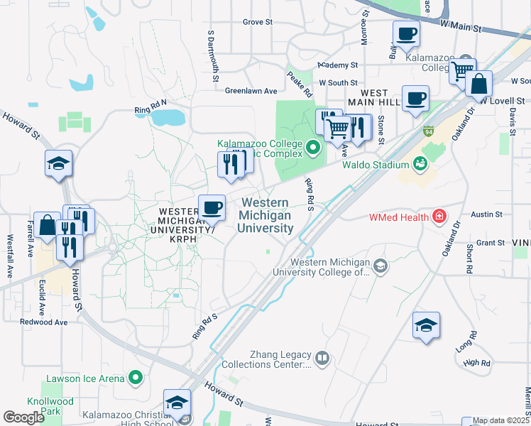map of restaurants, bars, coffee shops, grocery stores, and more near 1903 West Michigan Avenue in Kalamazoo